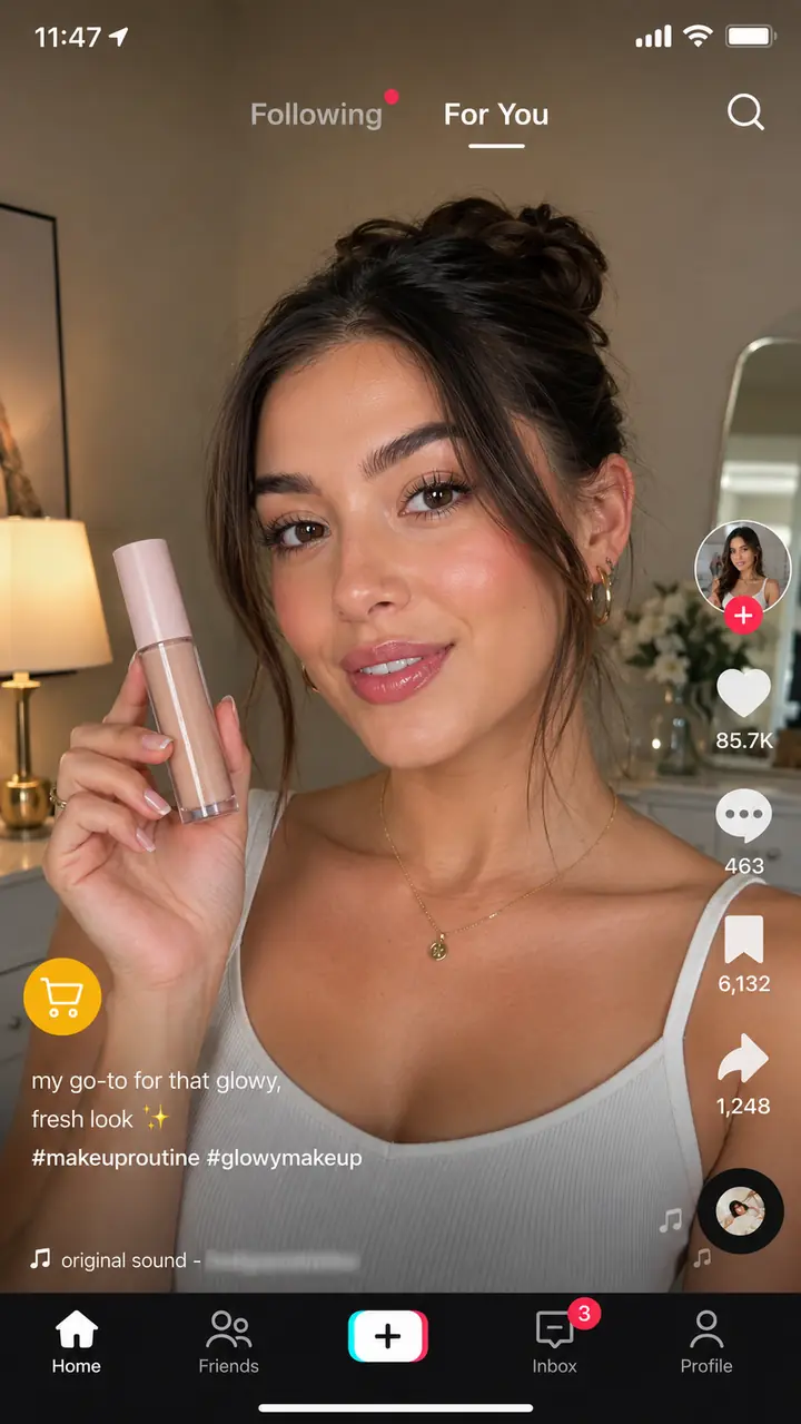 TikTok-style makeup creator video with engagement controls and shopping intent